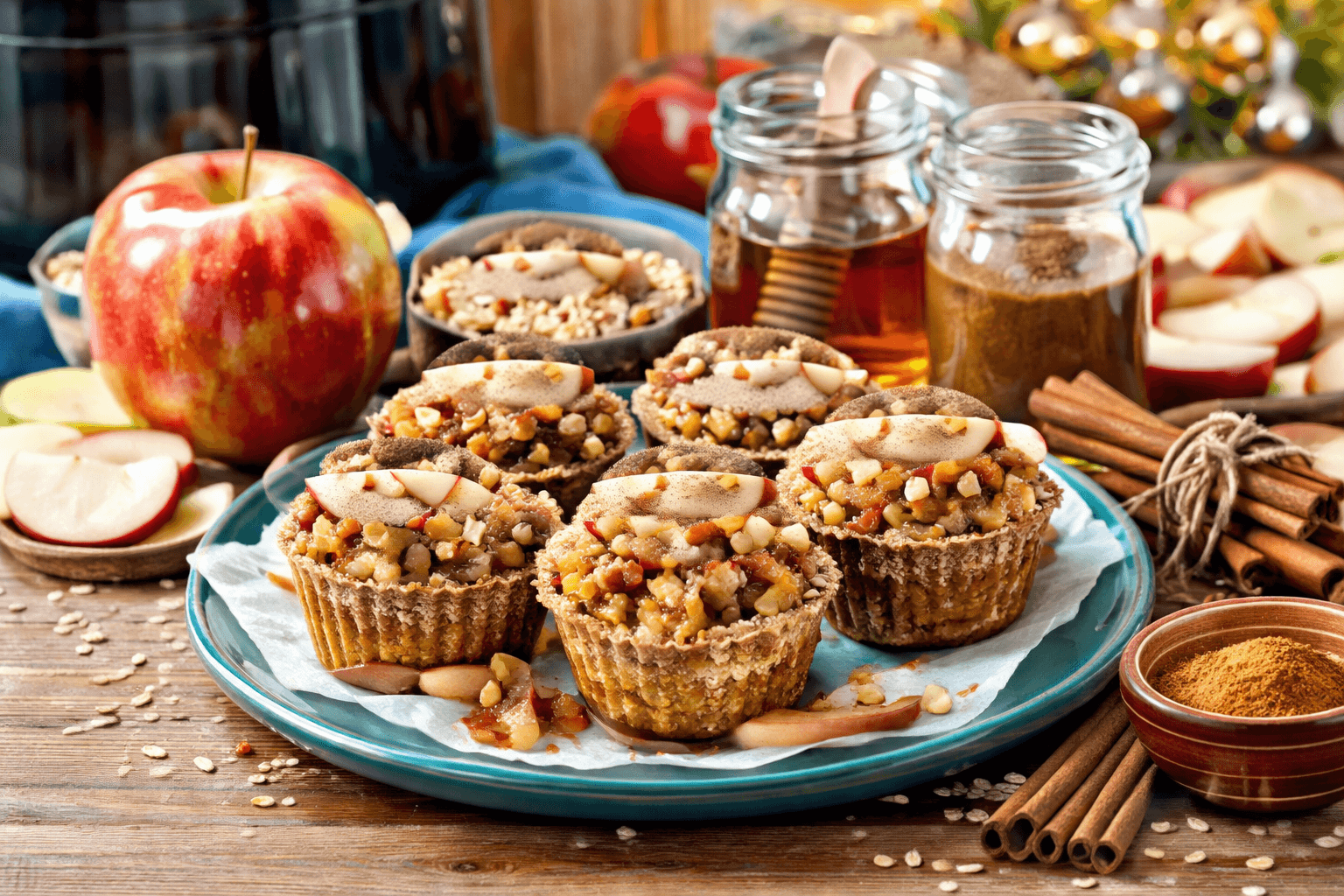 Air-fryer apple cinnamon oat cups on a plate.
