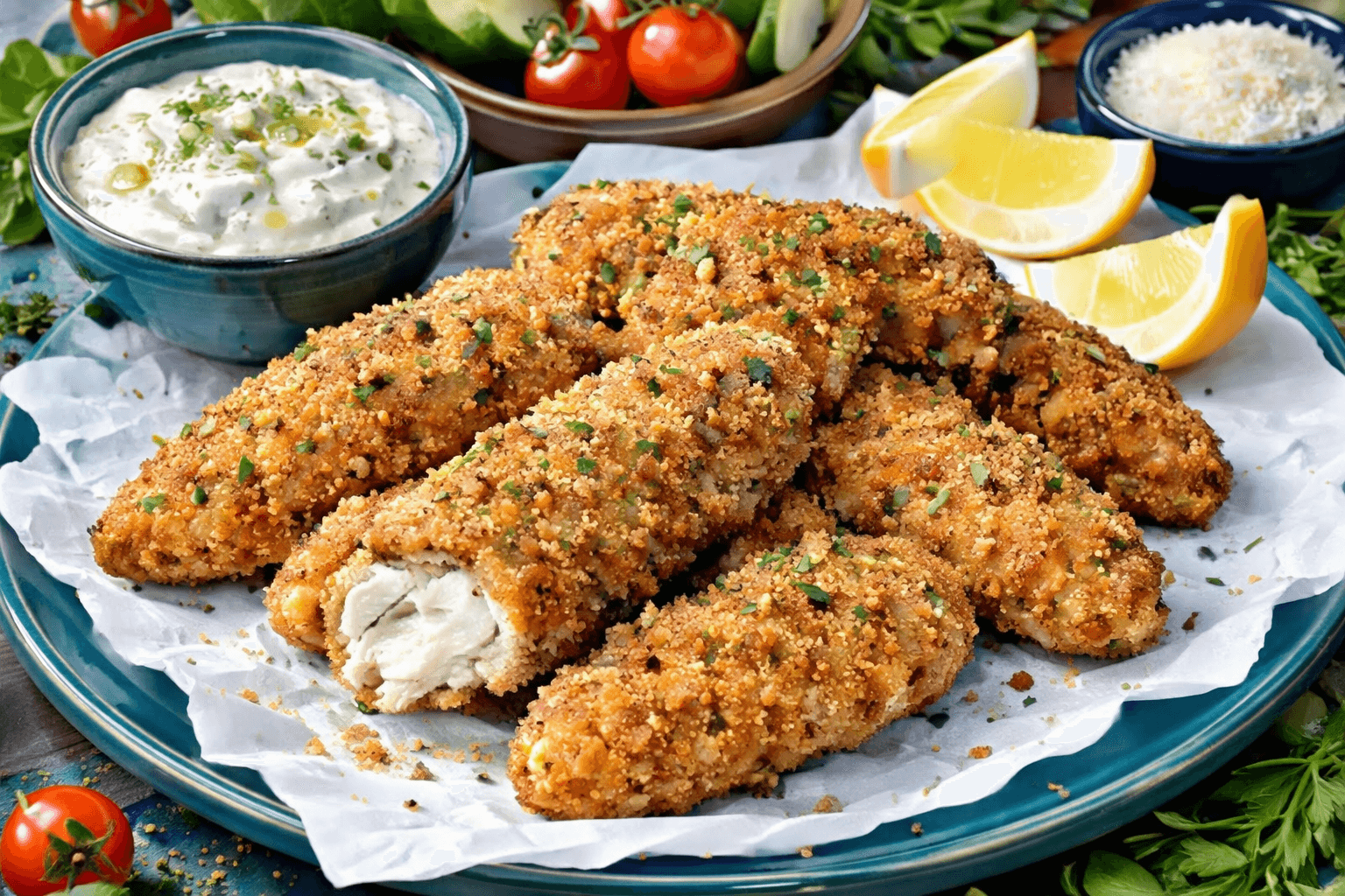 Air-fryer Greek yogurt crusted chicken tenders with a light dip.