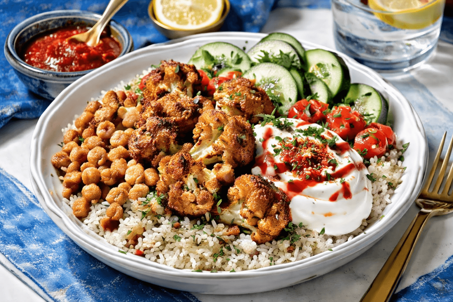 Air-fryer harissa cauliflower and chickpea bowl with rice.