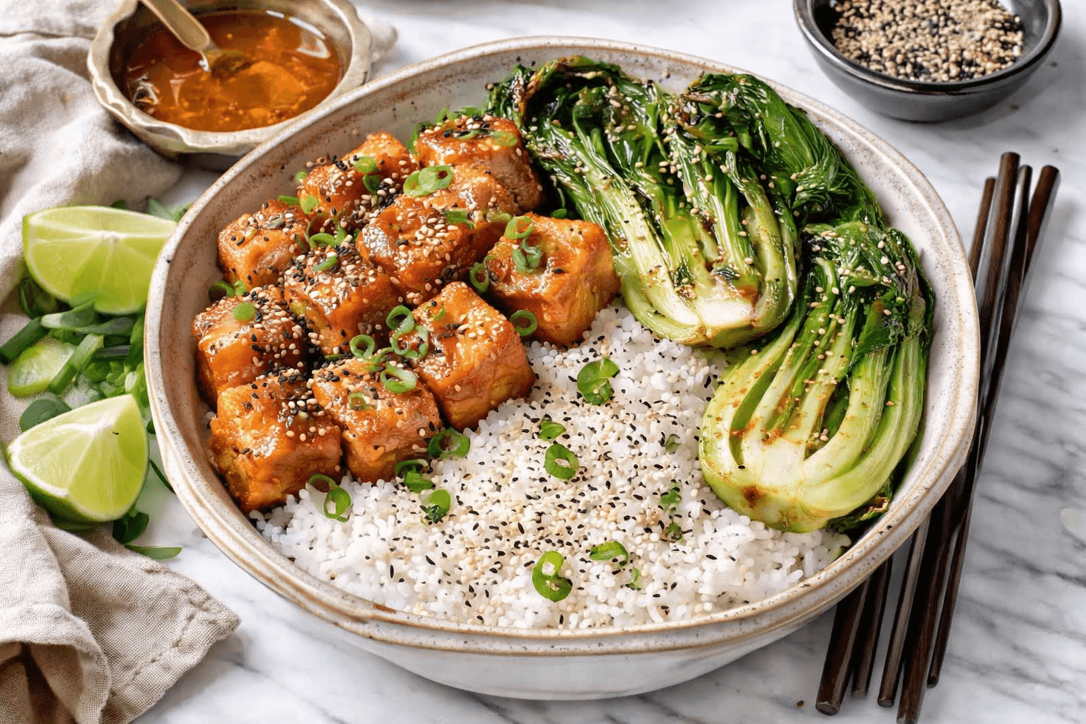 Air-fryer miso tofu and bok choy bowl with rice.