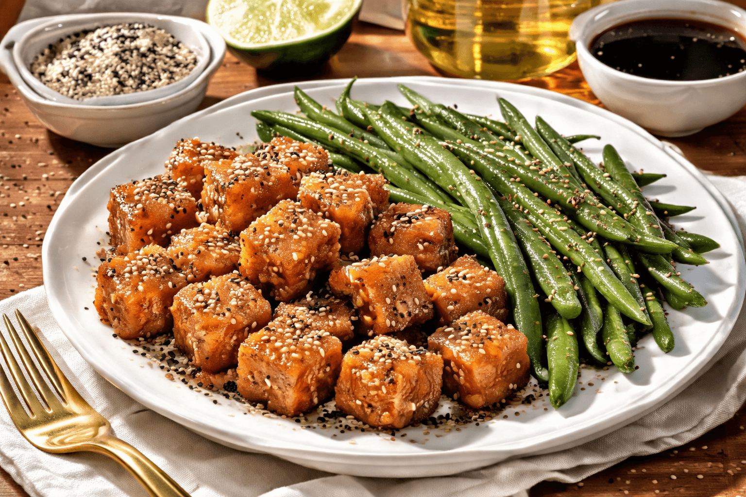 Air-fryer sesame tofu bites with green beans on a plate.