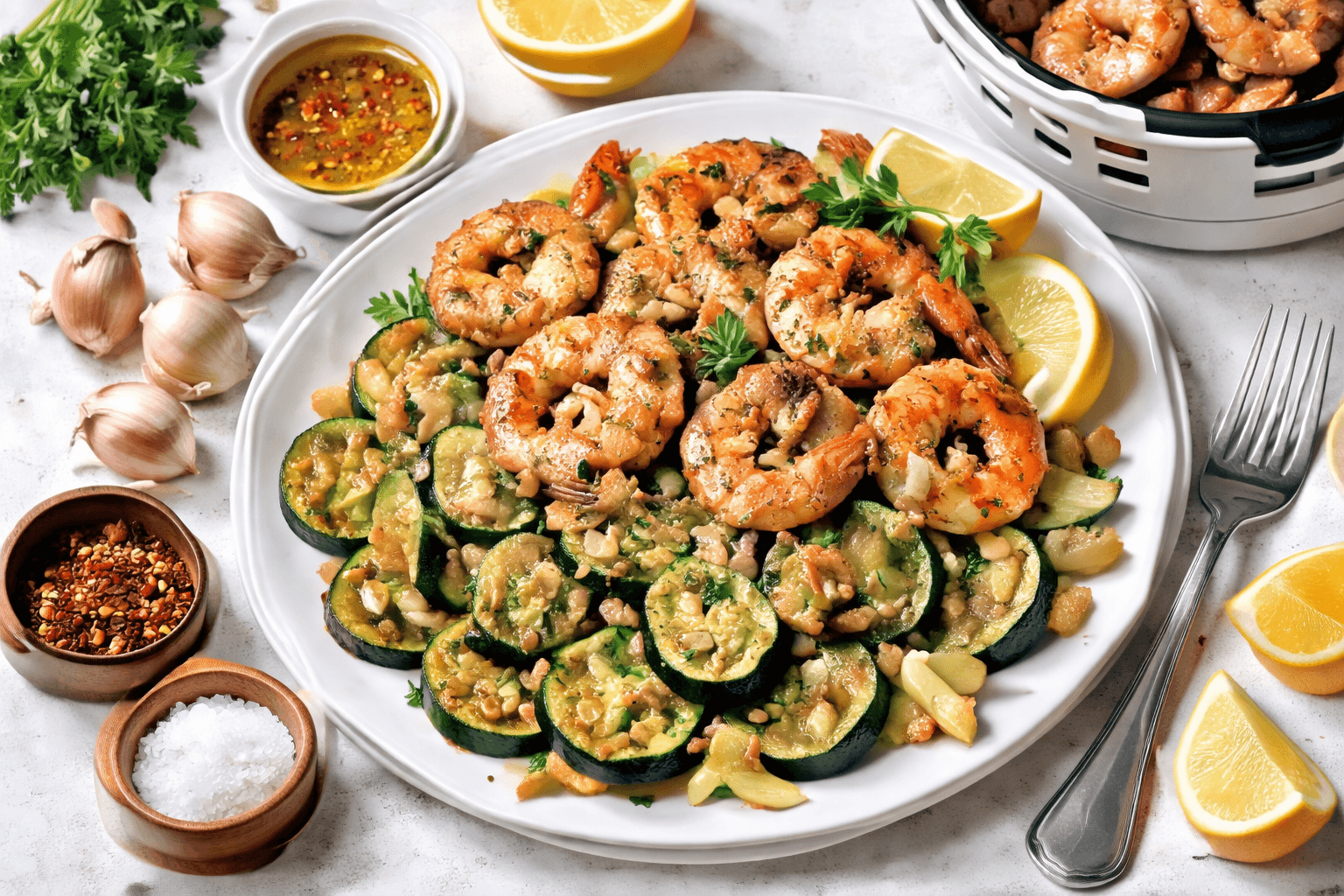 Air-fryer shrimp with garlic zucchini on a plate.