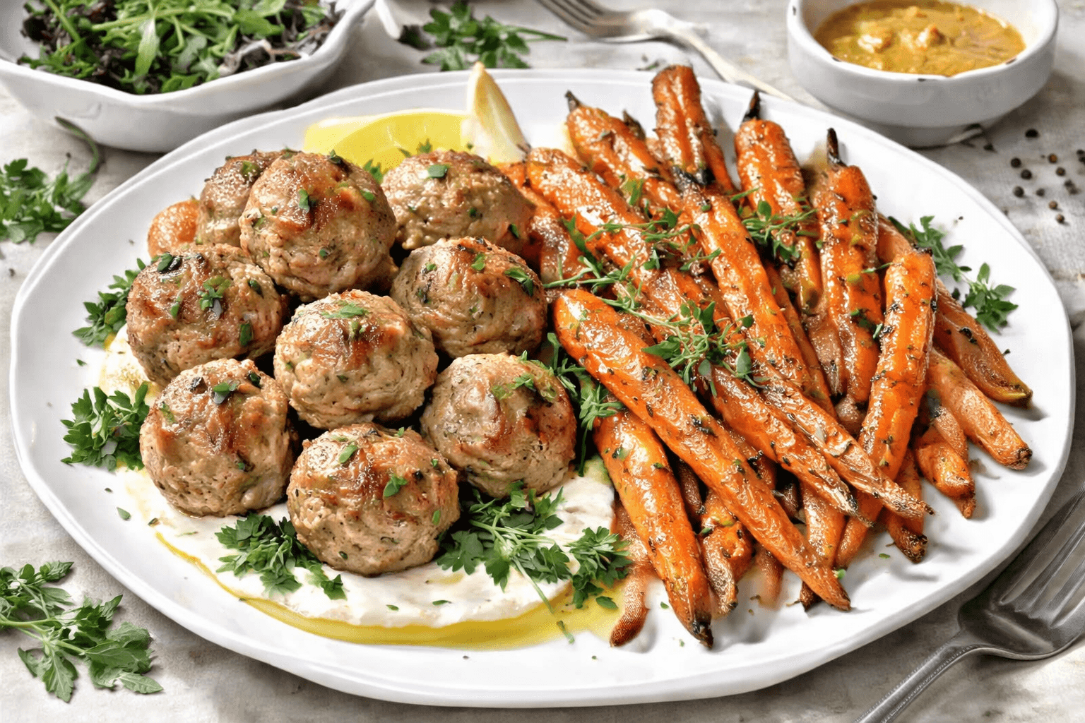 Air-fryer turkey meatballs with roasted carrots on a plate.