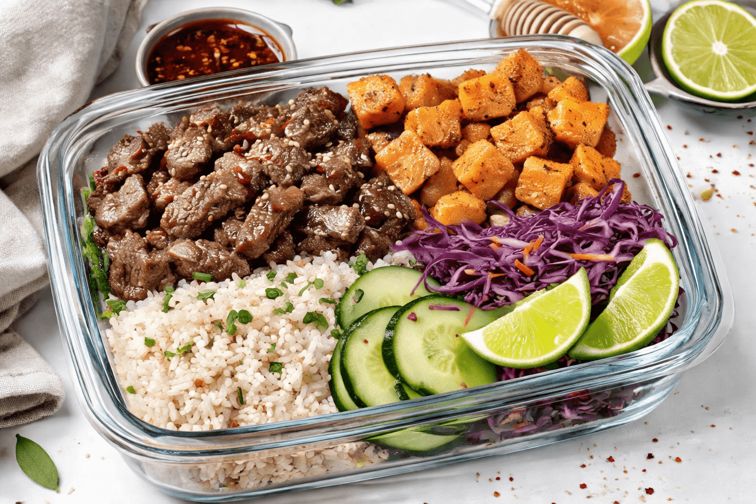 Meal-prep bowls with hot honey beef, sweet potato, rice, cabbage, and cucumber.